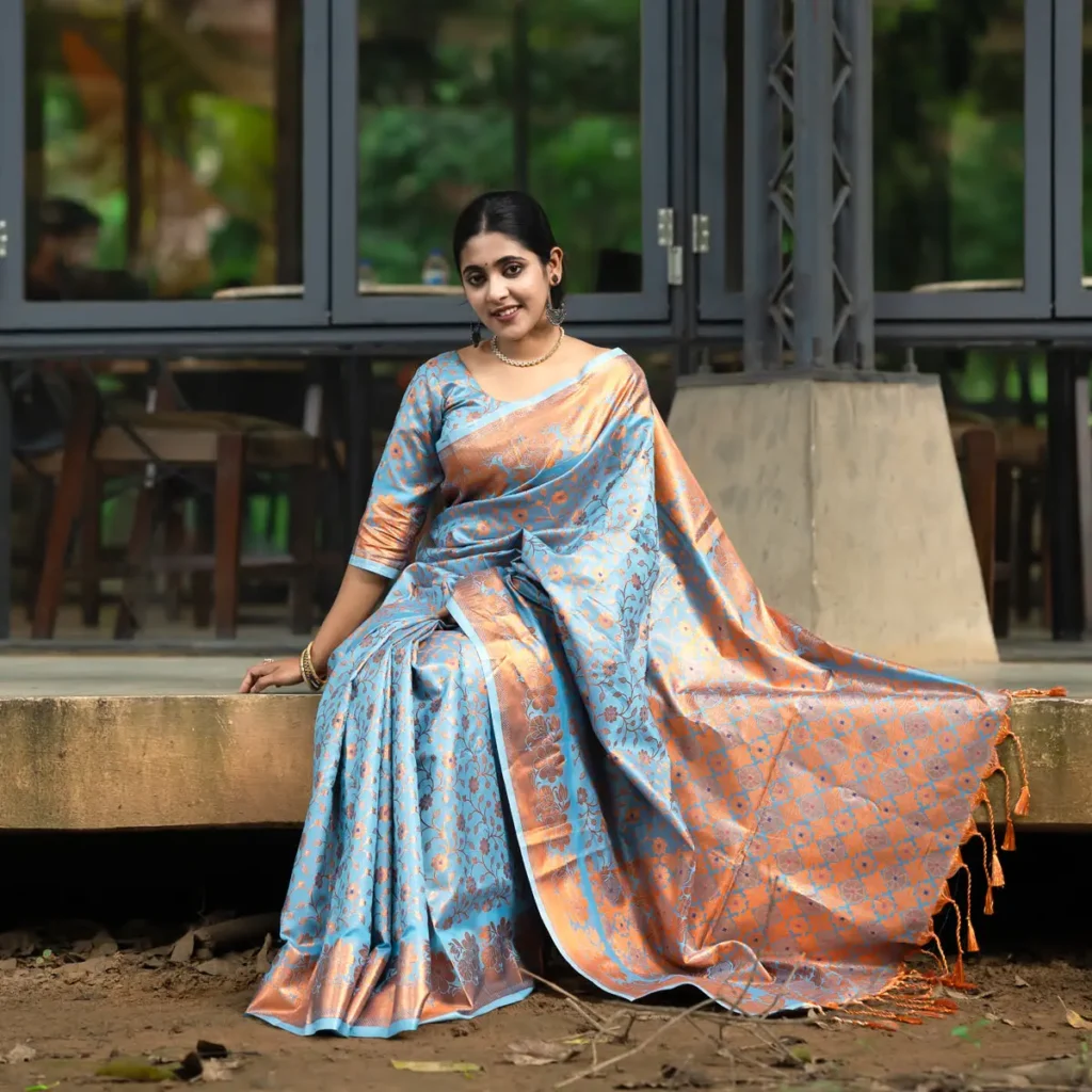 Ruptara Soft Silk with Blouse Pices Ice Blue